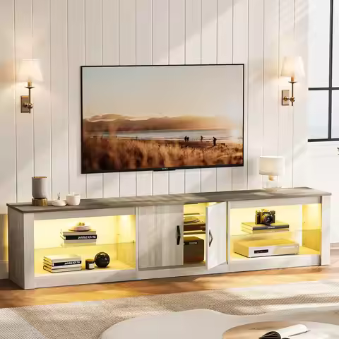 80 Inch TV Stand for 75/77/85/86 inch TVs, LED Gaming Entertainment Center for PS5 with Storage Cabi
