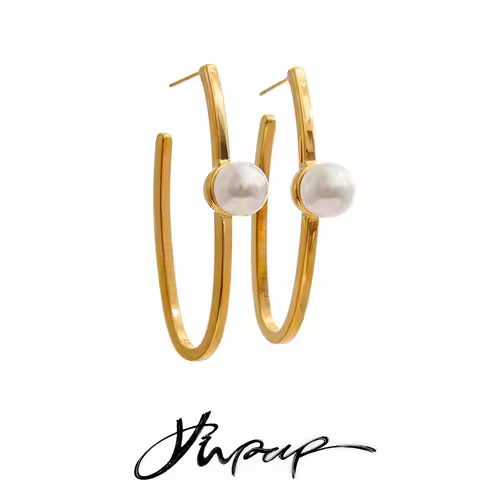 Yhpup Stainless Steel Imitation Pearls Geometric Huggie Earrings Waterproof Fashion Statement Daily 
