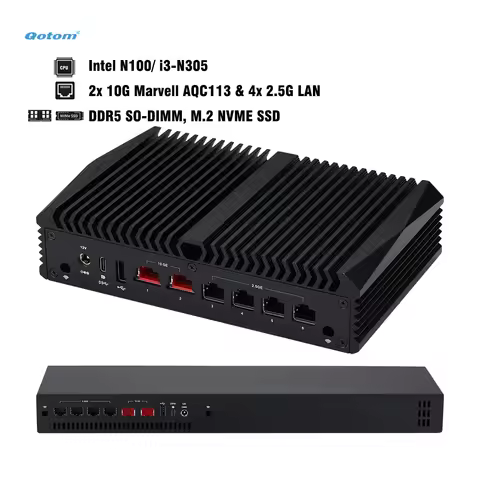 Qotom Mini PC Intel N100/ i3-N305, 2x 10G Marvell AQC113 & 4x 2.5G LAN, DDR5 Router Appliance for Op