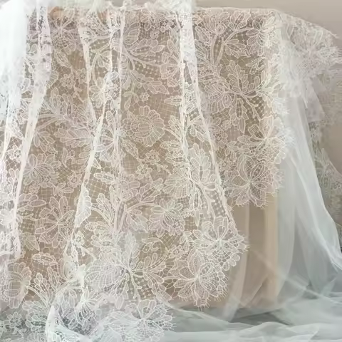 1 Yard Ivory Exquisite Alencon Lace Fabric with Crochet Pattern Floral Emrboidery Fabric for Wedding