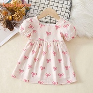 Bear Leader Pink Princess Dress with Bubble Sleeves and Bow Print Casual Dress for Girls 3 4 5 6 7 T