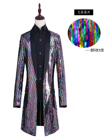 Men's Long-Length Color-Changing Sequined Jacket Designed for Nightclub Hosts and Singers As Dazzlin