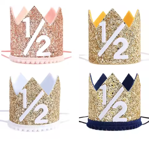 1Pcs Shiny 1/2 Years Old Birthday Flower Hat Cap Girl Boy 6 Months Half Year Crown Happy Birthday Ba