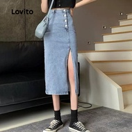Lovito Casual Denim Skirts Washed Split Spring/summer Blue Denim Skirts for Women LNE121025 Lovito S