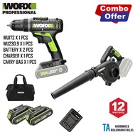 WORX COMBO SET WU172 +WU230.9 CORDLESS DRIVER AND CORDLESS BLOWER 20V 2.0 AH BATTERY X 2 PCS CHARGER
