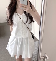 72300 Chic French Simple Laced-Up Vest Top+High Waist A-Line Skirt Two-Piece Suit