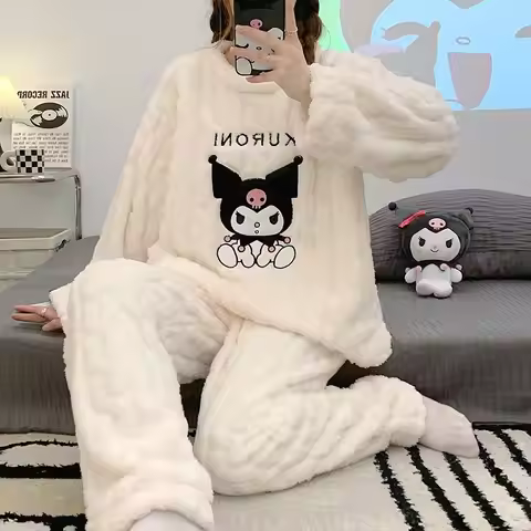 Sanrio Kuromi Women's Pajamas Set New Autumn Winter Coral Fleece Lazy Style Thick Flannel Homewear S