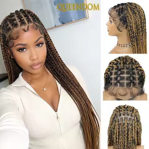 36" African Braided Wig Fulani Knotless Braids Tribal Stitch Braids Box Braids Synthetic Cornrow Box