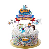 [CUSTOM NAME] Happy Birthday Cake Topper Oggy and Cockroaches Decoration Set Party Accessories Banne