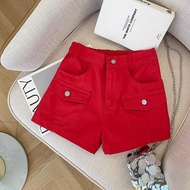 กางเกงขาสั้นยีนส์ทรงเอเอวสูงหลวมๆ สไตล์ Y2K สำหรับผู้หญิง กางเกงขาสั้นทรงเดนิมสีแดง ทรงลำลอง ฤดูร้อน