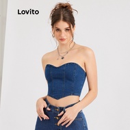 Lovito Casual Plain Hardwearing Denim Textured Denim Top L30ED043 (Blue)