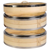 (KDEP) 2 Tier Kitchen Bamboo Steamer with Double Stainless Steel Banding for Asian Cooking Buns Dump