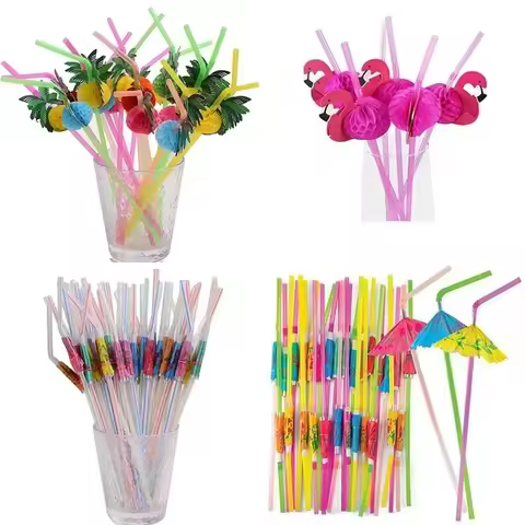 25PCS Flamingo Drinking Straws Tropical Umbrellas Pineapple Juice Cocktail Disposable Juice Straws H