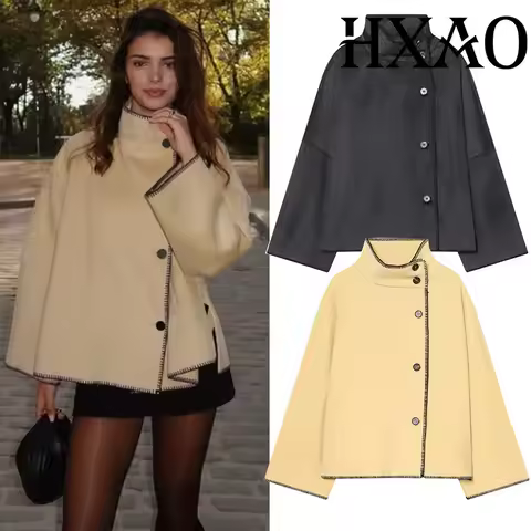 HXAO Demi-Season Cropped Coat Long Sleeve Faux Wool Coat For Woman Tweed Jacket High Neck Button Gra