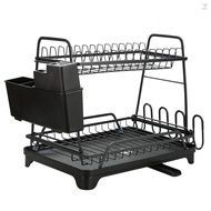 Stainless Steel Dish Drying Rack 2 Tier Large Capacity Dish Drainer Rack with Utensil Holder Cup Holder Removable Drainer Tray with Adjustable Swivel Spout (Black)