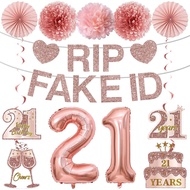 21st Birthday Decorations for Her, Pre-Strung 21st Birthday Rip Fake ID Banner Number 21 Balloon Han