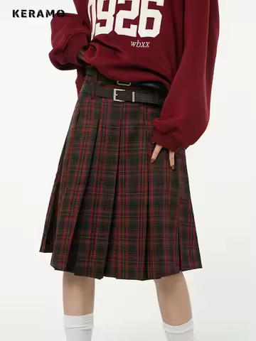 2025 Women Spring Summer Red Plaid Skirt Retro Mid Calf Harajuku College Style Design High Waist Fem