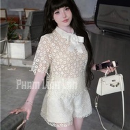 Luxurious women's clothing set, set of 3 Piece short-sleeved lace shirt with 2-strap shirt to wear i