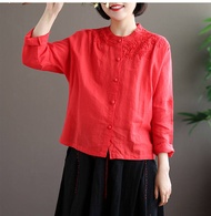 Cotton Áo Phông Thêu Nữ Mùa Thu Rộng Tay Áo Dài Trung Niên Đa Năng Màu Trơn