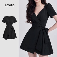 Lovito Elegant Dress Wrap Tie Front Soft and Comfortable Spring/summer Black Dress for Women L137ED7