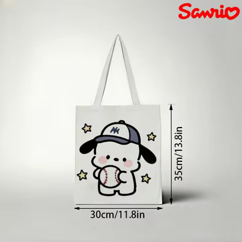1pc Sanrio Pochacco Canvas Tote Bag, NY‑logo Baseball‑cap Holding‑baseball Star‑decor Sport‑style Pr