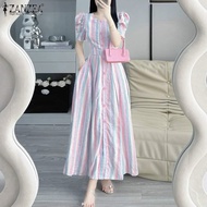 Esolo ZANZEA ชุดสตรีทแฟชั่นคอกลมแขนพัฟชุดเดรสลายทางยาว #0630