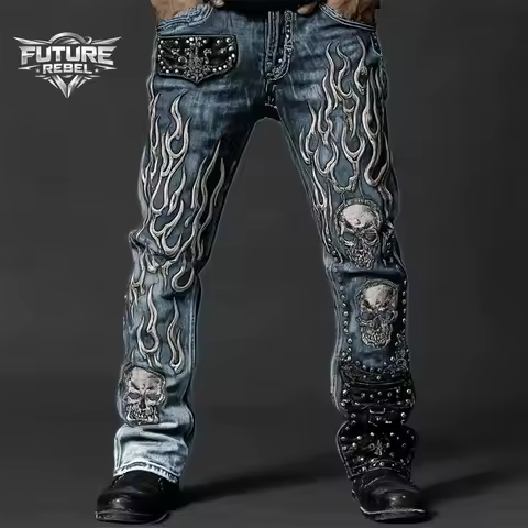 Y2K Gothic Streetwear Denim Jeans Unisex Skull Flame 3D Print Fit Washed Biker Pants Punk Hip Hop Cl