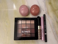 All for $270  NYX Shadow Palette    MAYBELLINE兩用眉筆   KISS ME 染眉膏  Rooro Hot Mascurler電睫毛夾  Hince 唇頰膏
