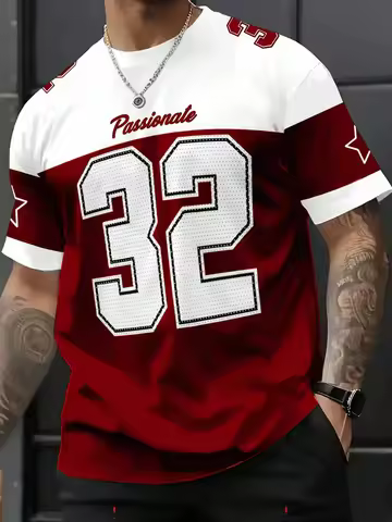 Men's Casual Summer Colorblock Numeric Print Round Neck Short Sleeve T-Shirt NB.32 Jersey Oversized 