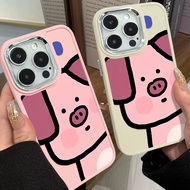 Stupid and Cute Pig Phone Case Compatible for IPhone 11 12 13 Pro 14 15 7 8 Plus SE 2020 XR X XS Max Metal Lens Protector Assembly Mirror Frame Silicone Cover Anti Drop