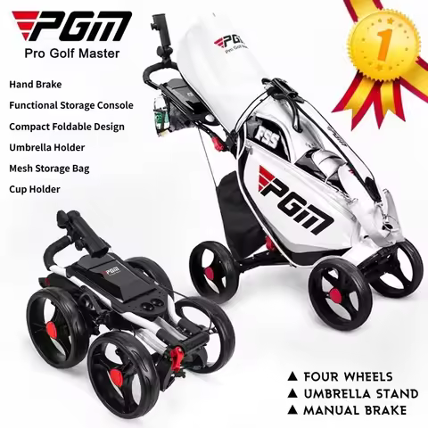 PGM Foldable 4-Wheel Golf Trolley, Manual Brake Golf Push Cart with Umbrella Rack and Water Bottle H