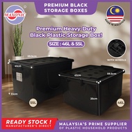 MAXONIC 46L/55L BLACK PLASTIC STORAGE BOX WITH WHEELS | KOTAK SIMPANAN PLASTIK | STACKABLE, LARGE | 