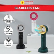 SUPERSAVE Modern Handheld Mini Bladeless Fan Multispeed 3-Gear Wind Rechargeable USB Portable Aircond Base Stand Kipas T