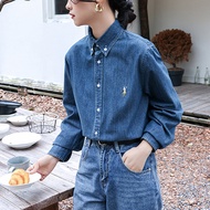 Áo Sơ Mi Denim Mỏng Cổ Điển Mỹ Cho Nữ Áo Sơ Mi Thường Ngày Thêu Hoa Mềm Mại Áo Sơ Mi Dài Tay Dáng Rộ