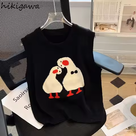 Cartoon Duck Vest Sweater Women Clothing Sleeveless Fashion Casual Tanks 2025 Ropa Mujer Korean Knit