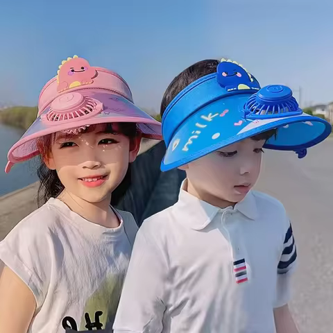 Children's Summer Sun Hat with Fan Sun Protection Hat Cartoon Outdoor Sun Protection Hollow Brim Ope