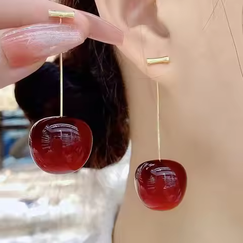 Small Fresh Sweet Lovely Dark Red Cherry Dangle Earrings Pendant Fruit Earrings Red Cherry Earrings 
