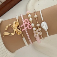 5pcs/Set Ocean Element Summer Beaded Pearl Crystal Baroque Bracelet, Beach Vacation French Bow Penda