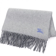 成色極佳 □ BURBERRY 8077824 100% 羊絨 Logo 刺繡流蘇圍巾披肩 灰色/海軍藍 正品 男士