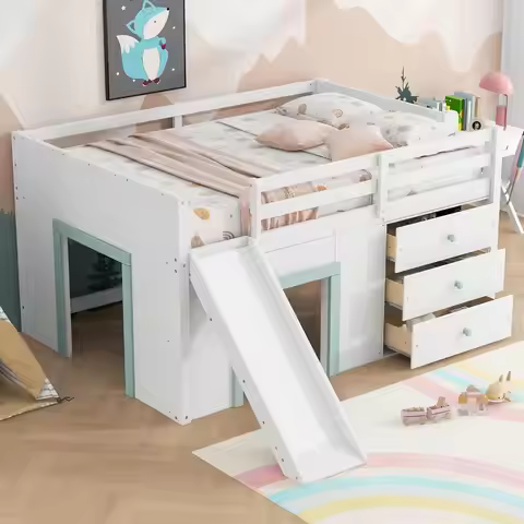 Full Size Low Loft Bed for Kids, Solid Wood Loft Bed Frame with Slide, 3 Drawers, 2 Doand Safety Gua