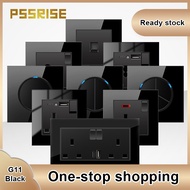 PSSRISE Black Wall Switch Socket 13A/15A/Autogate/Light Controller/Rotary Plug Switch Soket with Usb Black Tempered Glass with LED Indicator 2 Year Warranty CE International Certification【G11】