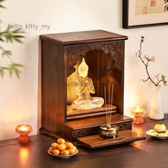 Wood Buddhist Altar Shrine with Warm Light | Wall Mounted & Tabletop Prayer Cabinet | Carved Zen Des