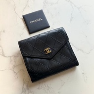 中古Chanel雙面魚子醬皮革 黑色短夾 皮夾 錢包 小包 古董二手包