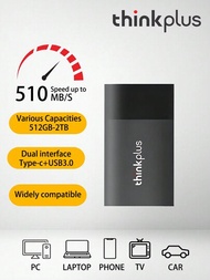 聯想thinkplus Us202便攜式ssd 512gb 1tb 2tb固態硬盤 Usb3.1 Type-c高速接口 兼容移動電腦