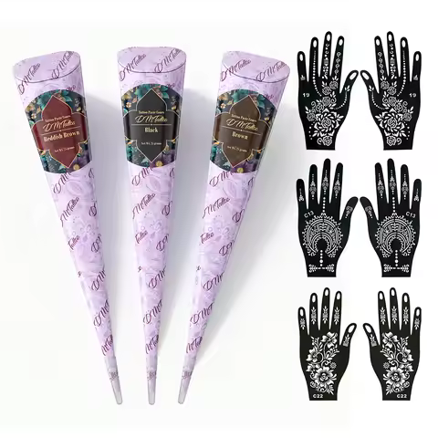 DM Henna Tattoo Paste Set, 3PCS Henna Pastes+3PCS Temporary Tattoo Stencils, Waterproof Henna Tattoo