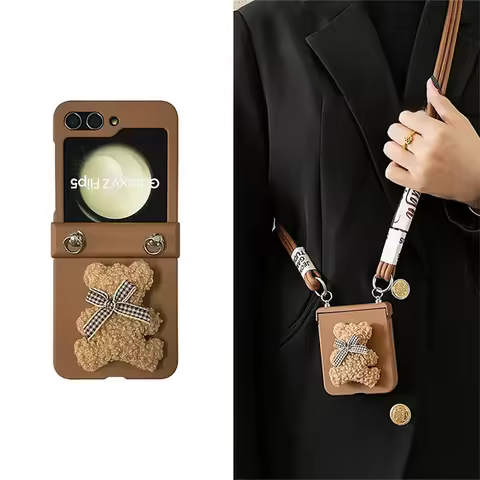 Luxury Crossbody Necklace Brown Bow Bear Lanyard Long Rope Case for Samsung Galaxy Z Flip7 Z Flip6 Z