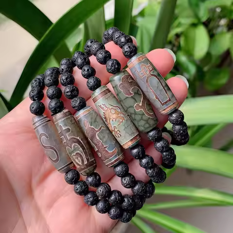 Healing Jewelry Natural Tibetan Dzi Agates Stone Bracelet Ruyi Guanyin Dragon Nine Eye Black Lava Dz
