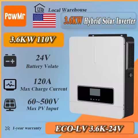 PowMr 3.6KW Pure Sine Wave Hybrid Inverter 24VDC to 110VAC PV 60-500V 120A MPPT Charger Controller f