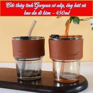 Gorgeous 450ml Glass Cup with Lid, Glass Straw, Leather Cover Included