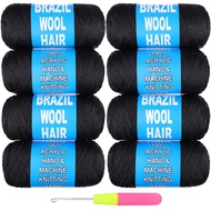 RuiYok 8 Pcs Brazilian Wool Hair for Braids Natural Black Acrylic Hand Knitting Hair Yarn for Braidi